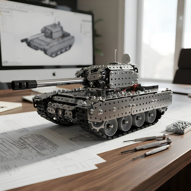 Finished masterpiece from 3D puzzle metal kits set against technical drawings, highlighting its industrial design and mechanical precision.