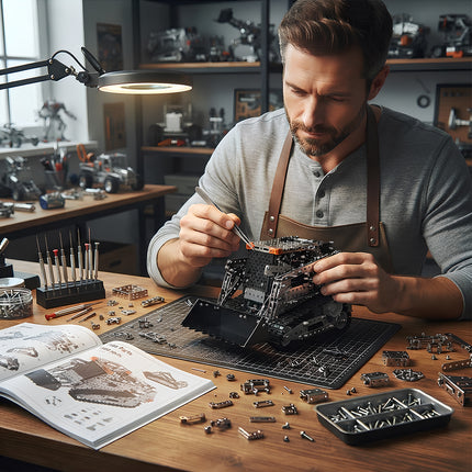 Close-up lifestyle photography capturing the intricate assembly process of 3D puzzle metal kits featuring a tracked metal machine.