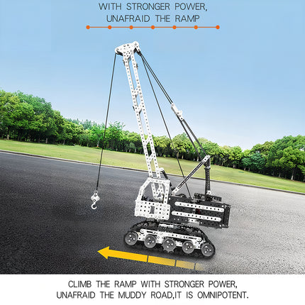 Outdoor performance banner of 3D puzzle metal kits featuring a motorized crane conquering steep ramps with strong motor power.