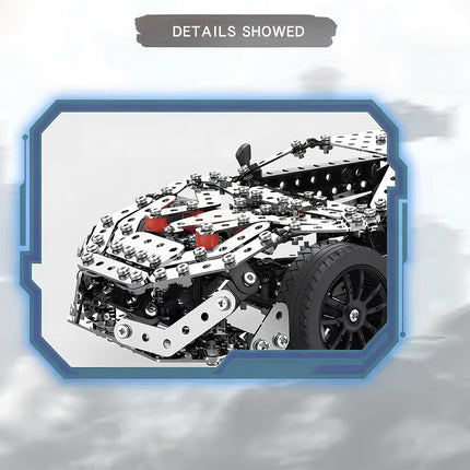 Detailed macro frame of 3D puzzle metal kits featuring the exquisite metal texture and intricate assembly of a luxury super car.