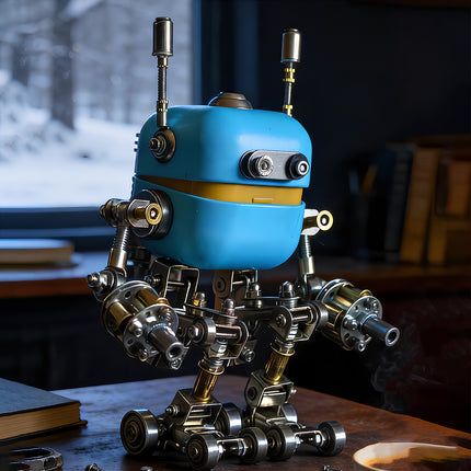 Warm study display shot of 3D puzzle metal kits featuring an assembled blue and metallic robot model on a vintage wooden table.