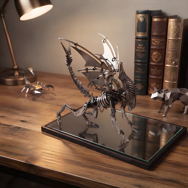 Finished art piece from 3D puzzle metal kits styled as a sophisticated desk ornament in a classic study environment.