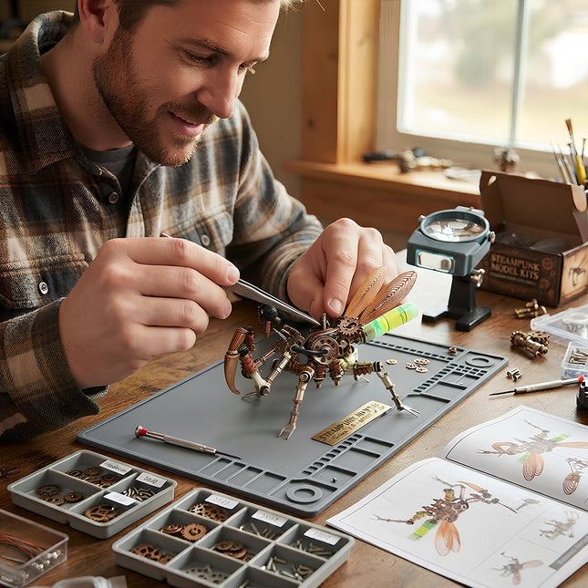 Hands-on creation of 3D puzzle metal kits, showcasing intricate mechanical parts and detailed assembly instructions.