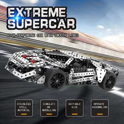 Extreme supercar poster for 3D puzzle metal kits highlighting stainless steel material and simulation modeling on a racetrack setting.