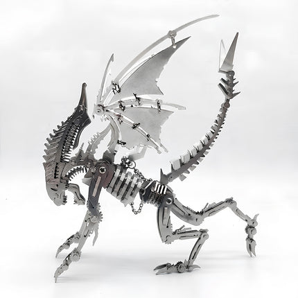 Full side view of a completed masterpiece from 3D puzzle metal kits, emphasizing the sharp lines and futuristic cybernetic aesthetics.