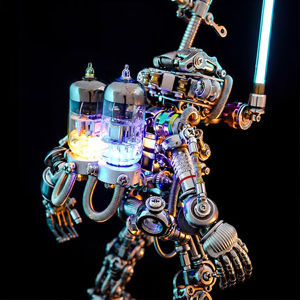 Glowing reactor and electronic tube details on a futuristic warrior built from 3D puzzle metal kits, showcasing exquisite craftsmanship.