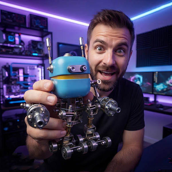 Handheld scale display photo of 3D puzzle metal kits featuring a creator presenting an assembled blue robot model.