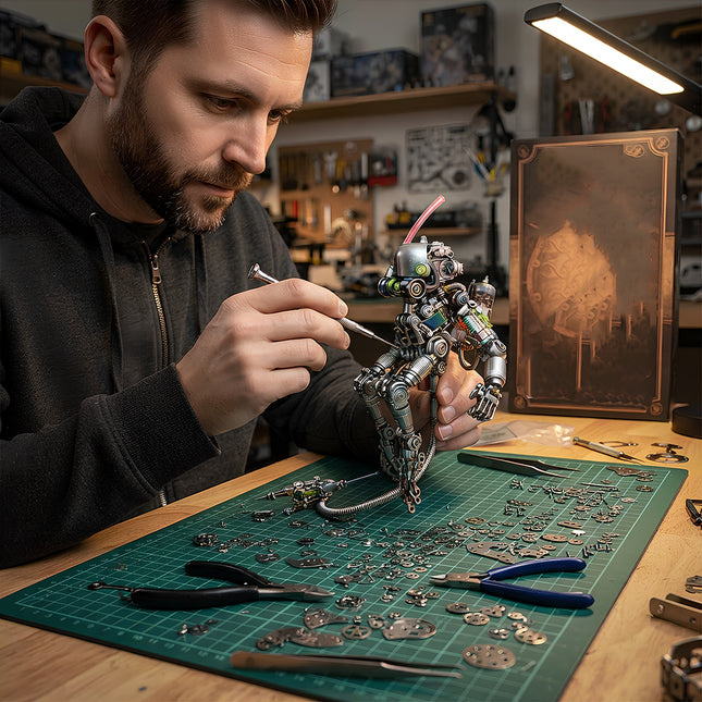Hands-on building experience of 3D puzzle metal kits, capturing the engaging craftsmanship and hobbyist process.