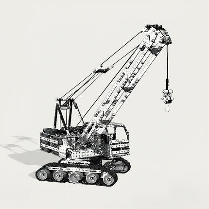 Studio isolated shot of 3D puzzle metal kits showcasing a complete assembled mechanical crane model on a white background.
