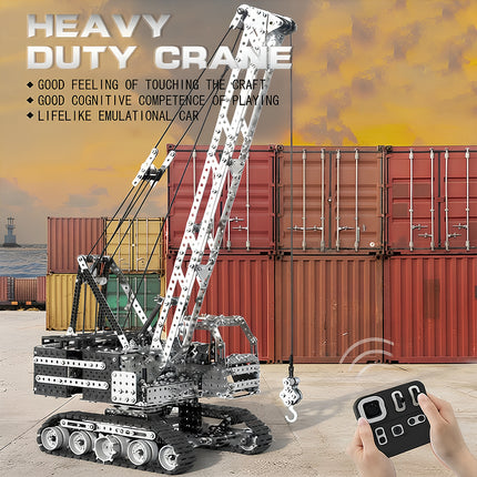 Promotional banner of 3D puzzle metal kits featuring a complex motorized heavy duty crane set against a shipping container background.