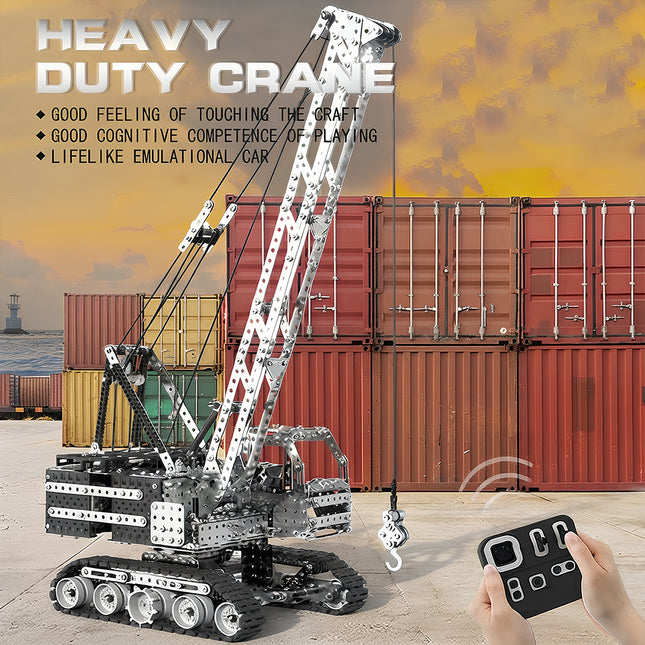 Promotional banner of 3D puzzle metal kits featuring a complex motorized heavy duty crane set against a shipping container background.