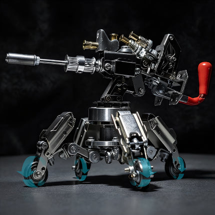 Finished model display of 3D puzzle metal kits highlighting an aggressive mechanical machine gun with movable wheels and tactical components.