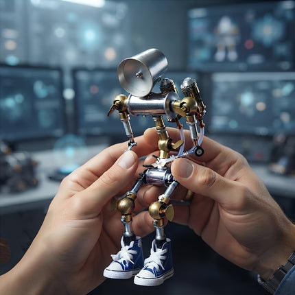 Interactive display photography of 3D puzzle metal kits showcasing an assembled sneaker-wearing mechanical robot model held by hands.