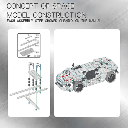 Concept of space model construction banner for 3D puzzle metal kits, displaying detailed schematics alongside the assembled sports car.