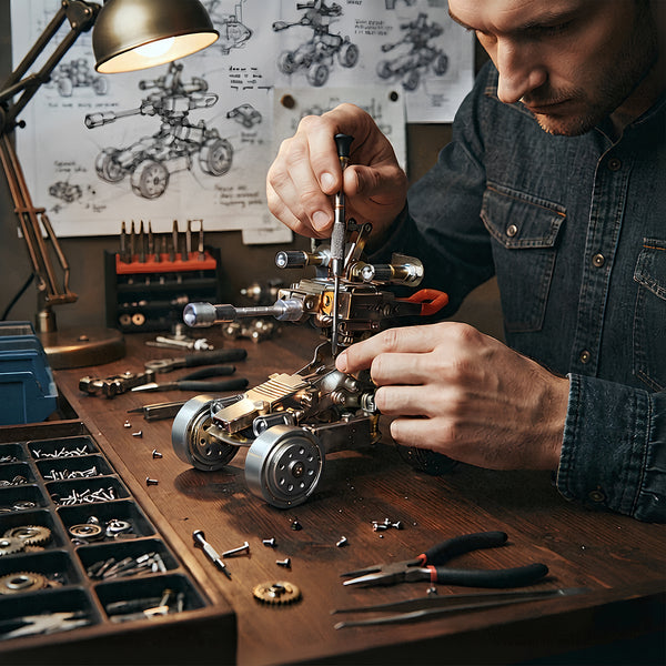 Master builder working on intricate 3D puzzle metal kits, showcasing precision assembly, tools, and a creative maker environment.