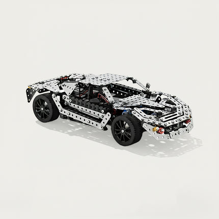 Studio isolated shot of 3D puzzle metal kits featuring a complete assembled mechanical supercar model with detailed panels.