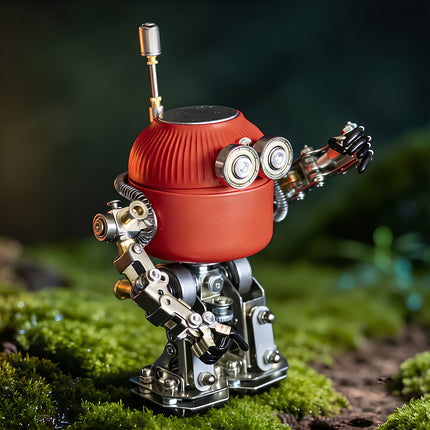 Tablefunny 3D puzzle metal kits assembled into a lively robot figurine, set against a natural green background.