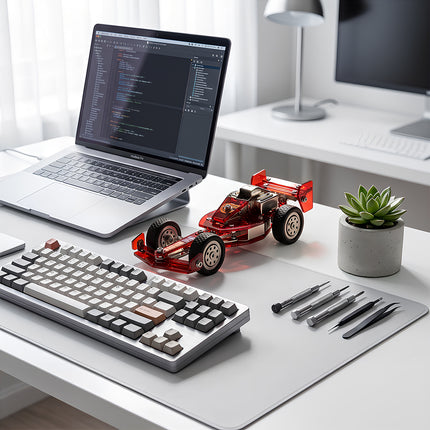 Finished masterpiece from 3D puzzle metal kits serving as creative desk decor in a modern tech workspace.