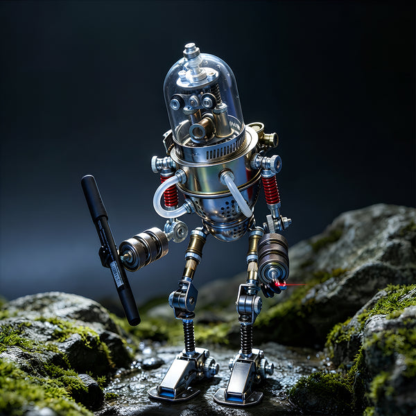 Creative product display of 3D puzzle metal kits showcasing an articulated mechanical robot standing on moss-covered stones in the wild.