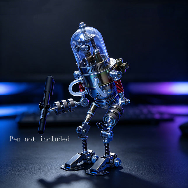 Fun desk accessory display of 3D puzzle metal kits showcasing a mechanical robot holding a pen with glowing ambient lighting.