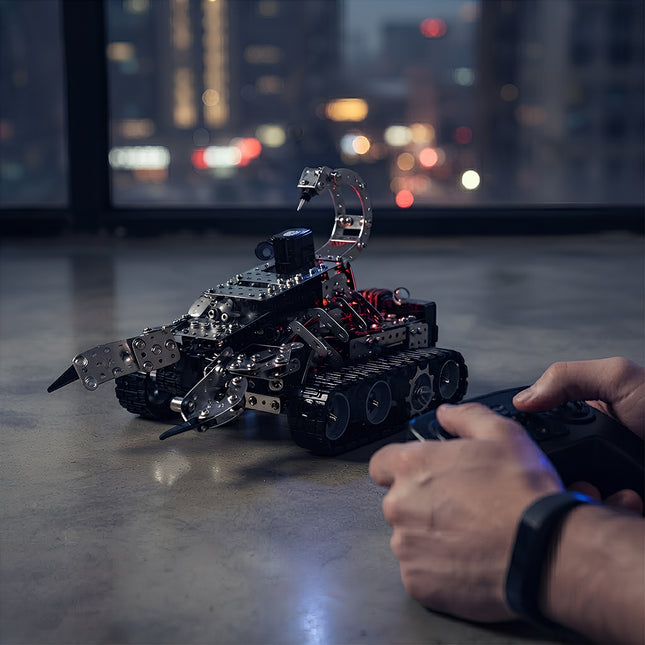 Action photography of a finished 3D puzzle metal kits scorpion rover being operated at night, highlighting its metallic luster and robotic joints.
