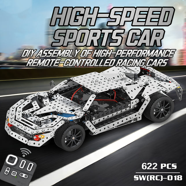 E-commerce hero banner of 3D puzzle metal kits featuring a 622-piece motorized high-speed sports car model on a racing track.