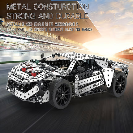Quality assurance banner for 3D puzzle metal kits emphasizing robust metal construction and smooth, hand-friendly edges on a sports car model.