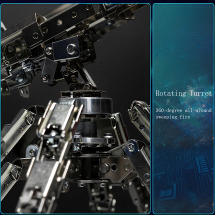 Interactive function highlight graphic of 3D puzzle metal kits featuring a precision mechanical sentry gun with a rotating base.