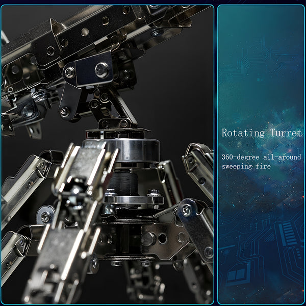 Interactive function highlight graphic of 3D puzzle metal kits featuring a precision mechanical sentry gun with a rotating base.