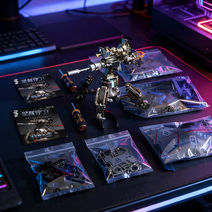 Complete unboxing contents of 3D puzzle metal kits highlighting packaged steel sheets, assembly manuals, and tactical toy components.