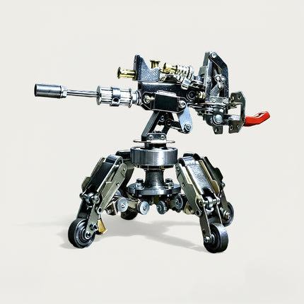 Studio isolated shot of 3D puzzle metal kits showcasing a detailed mechanical sentry gun on a white background.