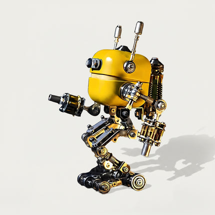 Studio isolated shot of 3D puzzle metal kits showcasing a complete assembled yellow mechanical robot model on a white background.
