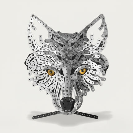 triking 3D puzzle metal wolf head model, a captivating steampunk puzzle piece for desktop display.