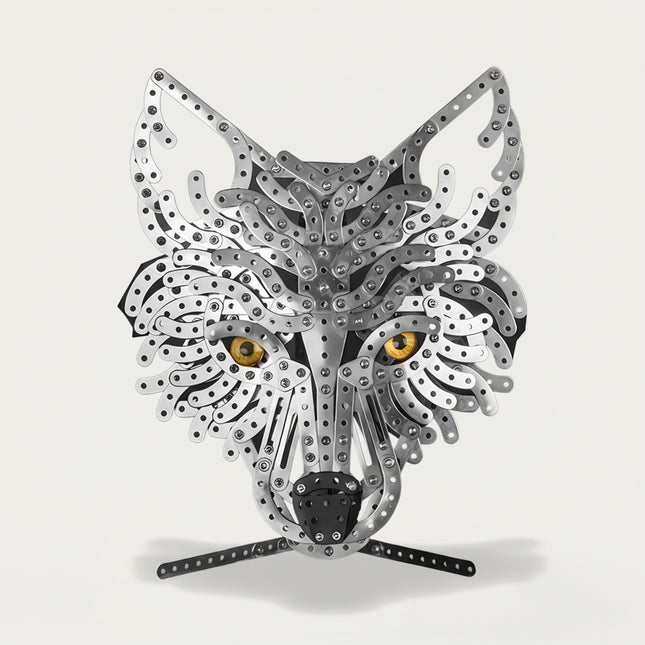 triking 3D puzzle metal wolf head model, a captivating steampunk puzzle piece for desktop display.