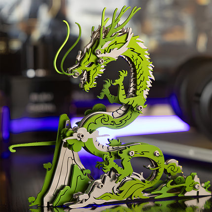 Assembled vibrant green and silver steampunk dragon metal model 3D puzzle, majestically displayed on a desk with ambient lighting, a unique mechanical steampunk desktop decor or challenging Metal Kits for enthusiasts.