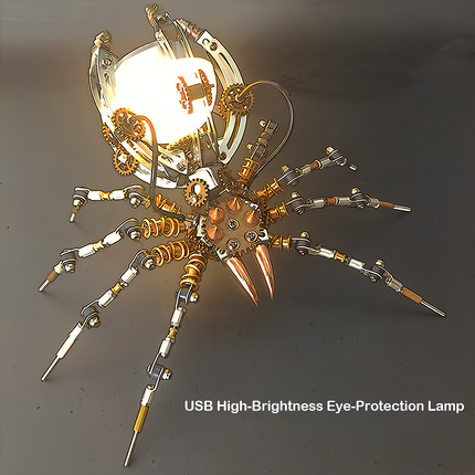 Steampunk Mechanical Spider USB Lamp - A functional art piece for steampunk and design enthusiasts, this DIY-assembled lighting marvel merges a mechanical spider design with a USB-powered, high-brightness eye-protection lamp. It features intricate gears, metallic limbs, and a glowing central light, embodying "a fusion of utility and artistic ingenuity". It challenges you to craft a piece of practical artistry with precision.