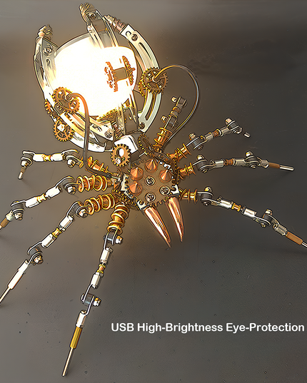 Steampunk Mechanical Spider USB Lamp - A functional art piece for steampunk and design enthusiasts, this DIY-assembled lighting marvel merges a mechanical spider design with a USB-powered, high-brightness eye-protection lamp. It features intricate gears, metallic limbs, and a glowing central light, embodying "a fusion of utility and artistic ingenuity". It challenges you to craft a piece of practical artistry with precision.