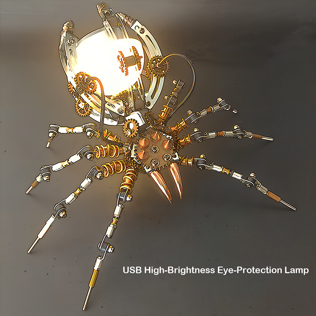Steampunk Mechanical Spider USB Lamp - A functional art piece for steampunk and design enthusiasts, this DIY-assembled lighting marvel merges a mechanical spider design with a USB-powered, high-brightness eye-protection lamp. It features intricate gears, metallic limbs, and a glowing central light, embodying "a fusion of utility and artistic ingenuity". It challenges you to craft a piece of practical artistry with precision.