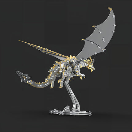 A majestic metal model dragon, with intricate mechanical steampunk wings and body details, displayed on a stand. This stunning 3D puzzle metal kit is an exceptional steampunk puzzle for fantasy and mechanical enthusiasts.