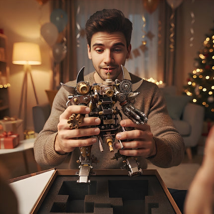A man excited to unbox a brass 3D metal mechanical mech model kit from a premium gift box in a festive living room.