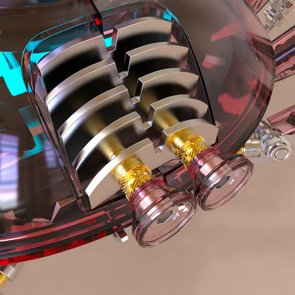 Detailed close-up of a steampunk mech's rear propulsion-like components, featuring polished metal fins and transparent housings, showcasing the intricate design of this 3D puzzle Metal Kits and mechanical steampunk model.