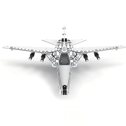 Front view of a sleek metal model fighter jet, featuring detailed mechanical steampunk construction. This intricate 3D puzzle metal kit offers a unique steampunk puzzle experience for aircraft enthusiasts.