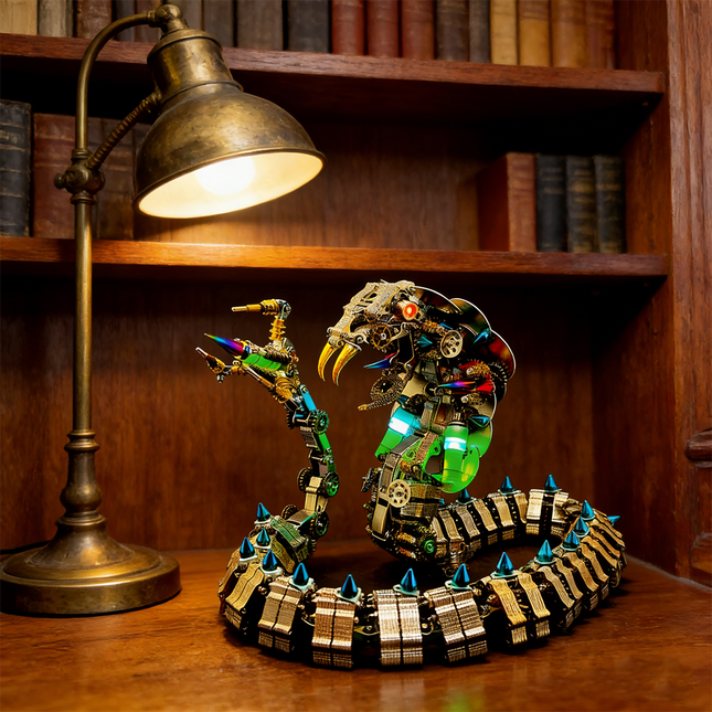 Impressive mechanical steampunk cobra 3D puzzle metal model, featuring intricate gears, glowing elements, and a spiked body, displayed on a wooden desk next to a vintage lamp. A captivating steampunk puzzle and challenging metal kits build.
