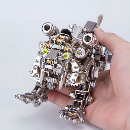  Hand holding a detailed metal model saber-toothed tiger, showcasing the intricate mechanical steampunk design and numerous metal components of this steam punk mech, a challenging 3D puzzle.