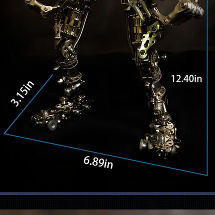Dimensions of the "Body of Steel" metal model legs, highlighting the intricate mechanical steampunk details. A precise 3D puzzle metal kit for accurate assembly.