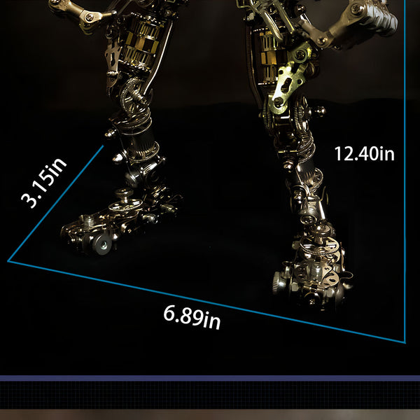 Dimensions of the "Body of Steel" metal model legs, highlighting the intricate mechanical steampunk details. A precise 3D puzzle metal kit for accurate assembly.