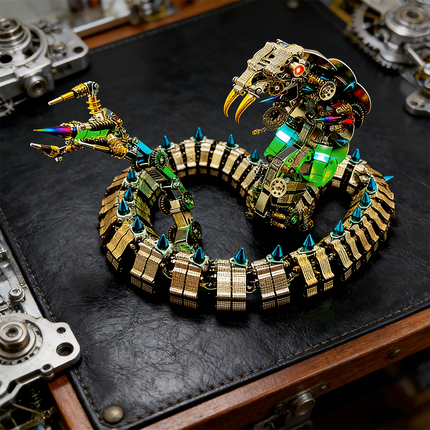 Stunning mechanical steampunk cobra metal model, coiled on a dark leather surface, surrounded by other metallic components. This detailed 3D puzzle showcases intricate gears, vibrant green accents, and spikes, representing a challenging steampunk puzzle from high-quality metal kits.