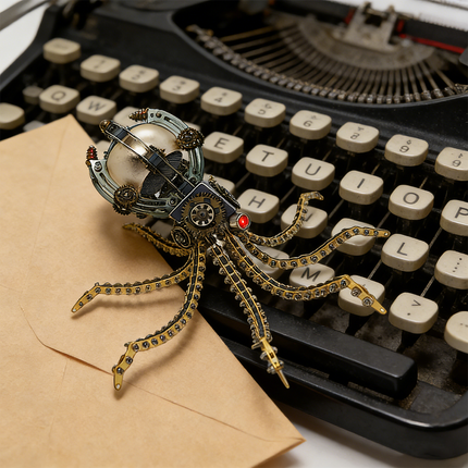 Artistic display of a mechanical steampunk octopus metal model resting on a vintage typewriter keyboard, with a brown envelope partially visible. This unique 3D puzzle combines intricate gears and a distinctive red eye, offering an engaging steampunk puzzle experience from high-quality metal kits.