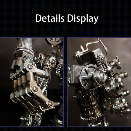  Details display of a mechanical steampunk hand from a metal model, highlighting intricate gears and joints. A key part of an advanced 3D puzzle metal kit for assembly.