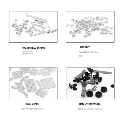 A collection of essential components for 3D puzzle metal kits, including round head screws, hex nuts, iron shape plates, and simulation wheels. Perfect for assembling a detailed metal model or mechanical steampunk creation.